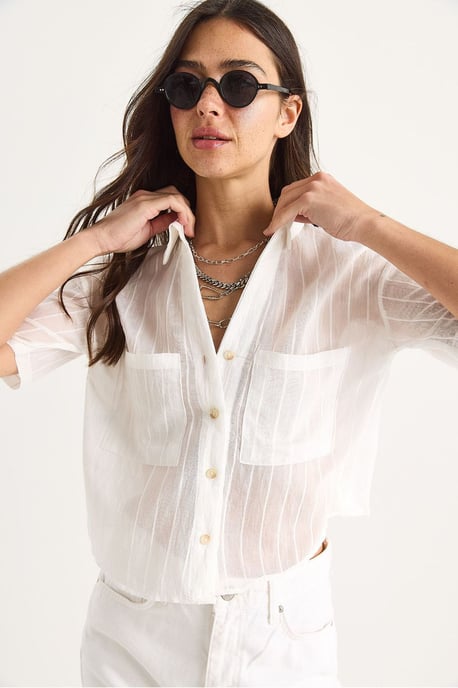 Textured Striped Crop Shirt with Pocket - Image 4