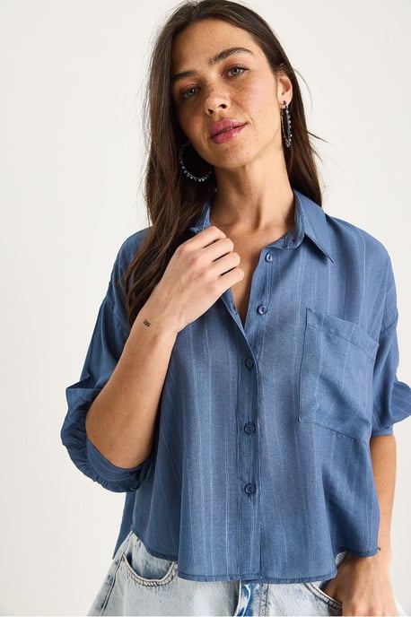 Gestreepte Gevoerde Crop Shirt met Knopen en Zak - Image 4