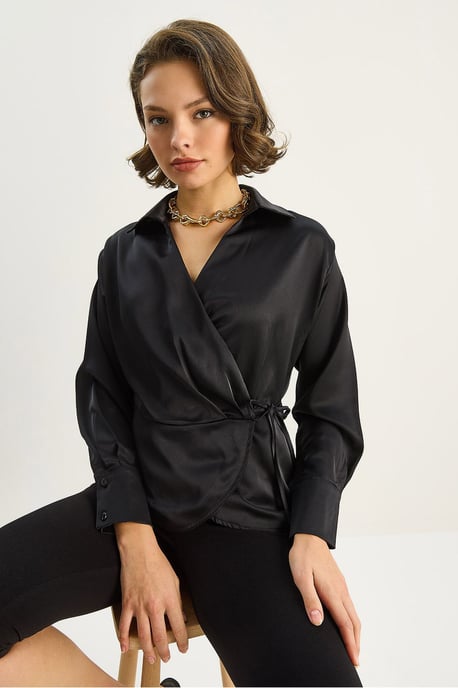 Satijnen V-hals Shirt met Striksluiting - Image 2