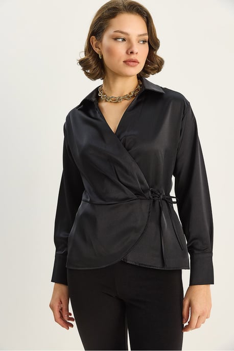 Satijnen V-hals Shirt met Striksluiting - Image 5