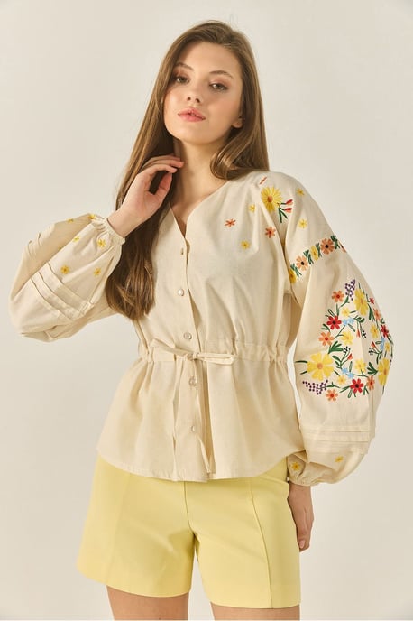 Geweven V-hals Katoenen Shirt met Strik - Image 3
