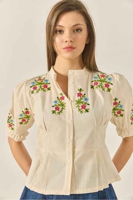 Geborduurde Katoenen Poplin Shirt met Elastische Sluiting - Image 1