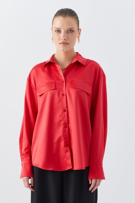 Satin Button-Up Shirt with Pocket Detail - Image 1