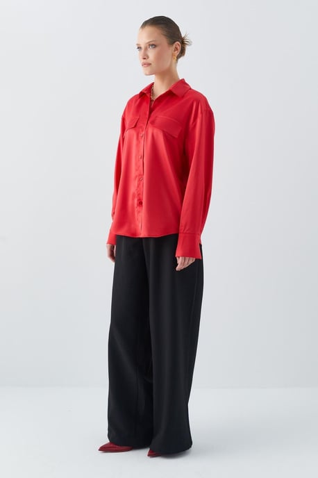 Satin Button-Up Shirt with Pocket Detail - Image 2