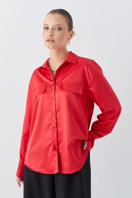Satin Button-Up Shirt with Pocket Detail - Image 3