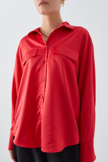 Satin Button-Up Shirt with Pocket Detail - Image 4