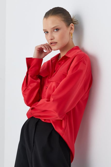 Satin Button-Up Shirt with Pocket Detail - Image 5