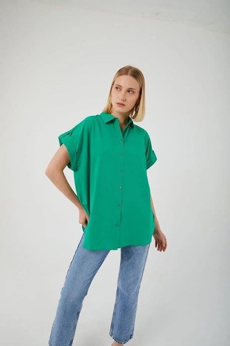 Oversized Korte Mouwen Poplin Overhemd met Knopen - Image 3