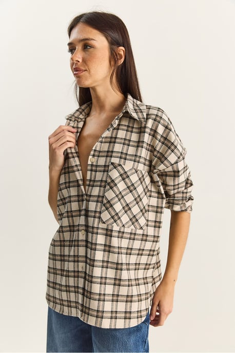 Oversized Lange Mouwen Geruite Shirt met Pocket - Image 3