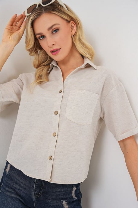 Linnen Gemengd Korte Mouwen Knopfhemd Crop Top - Image 3
