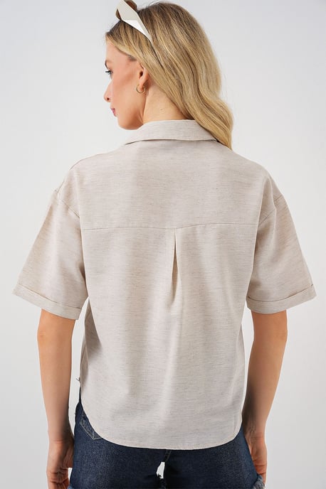 Linnen Gemengd Korte Mouwen Knopfhemd Crop Top - Image 6