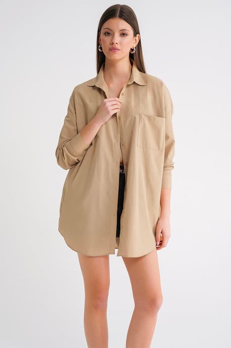 Overmaatse Langermige Knopsluiting Poplin Blouse - Image 3