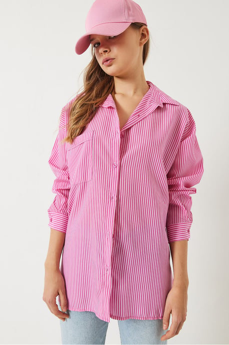 Striped Button-Up Overshirt with Slit - Image 2