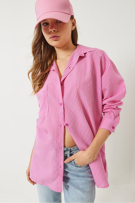 Striped Button-Up Overshirt with Slit - Image 3