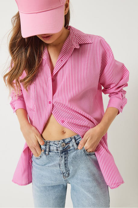 Striped Button-Up Overshirt with Slit - Image 4