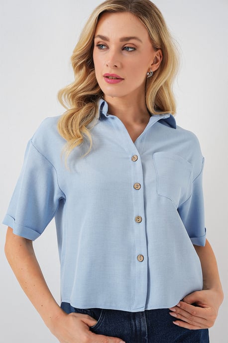 Linnen Gemengde Korte Mouw Knop-Up Crop Shirt - Image 1