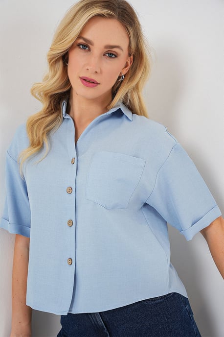 Linnen Gemengde Korte Mouw Knop-Up Crop Shirt - Image 3