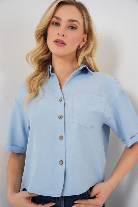 Linnen Gemengde Korte Mouw Knop-Up Crop Shirt - Image 4