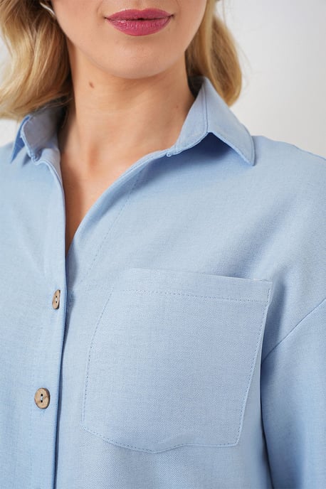 Linnen Gemengde Korte Mouw Knop-Up Crop Shirt - Image 5
