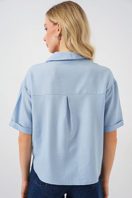 Linnen Gemengde Korte Mouw Knop-Up Crop Shirt - Image 6