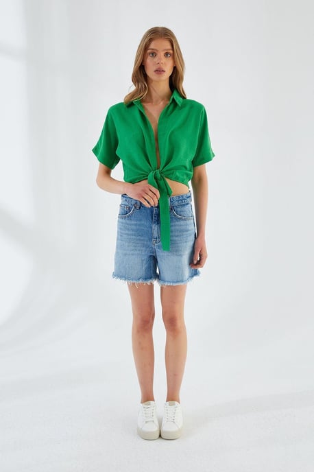 V-hals Met Strik Slanke Pasvorm Crop Shirt - Image 3