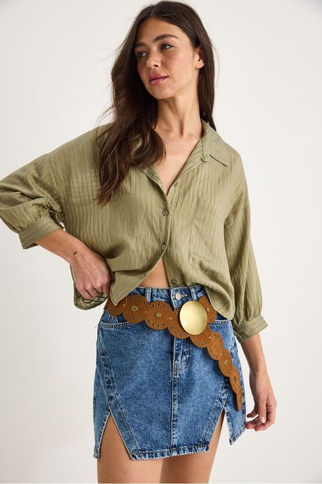 Gestructureerde Gestreepte Cropped Shirt met Knopen en Zak - Image 4