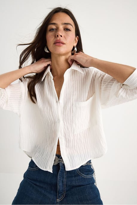 Gestreepte Gevoerde Crop Shirt met Knopen en Zak - Image 3