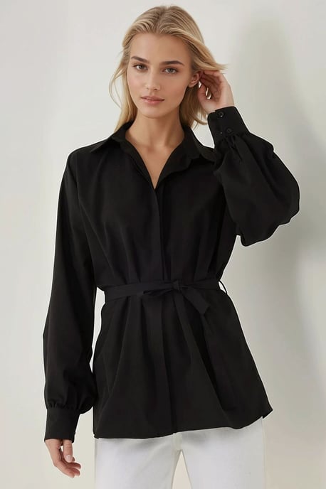 Linen-Polyester Long Sleeve Shirt with Belt - Image 1