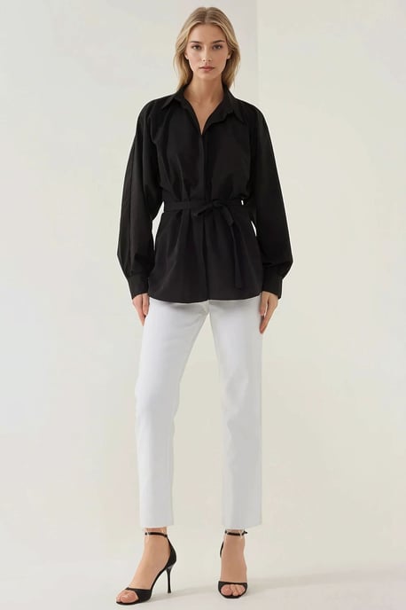 Linen-Polyester Long Sleeve Shirt with Belt - Image 3