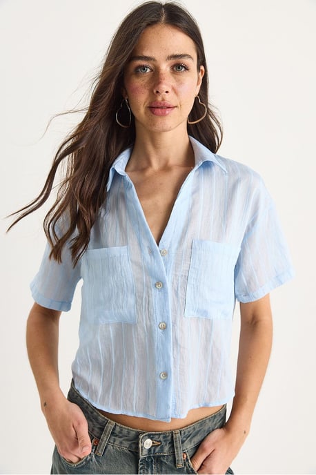 Gestreepte Geweven Crop Shirt met Pocket - Image 2