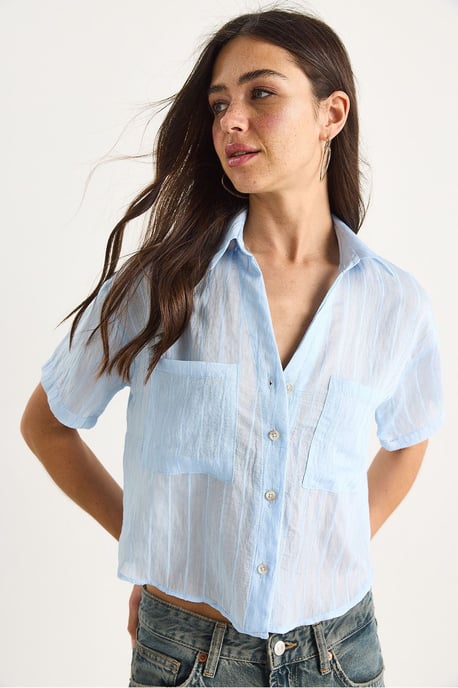 Gestreepte Geweven Crop Shirt met Pocket - Image 3