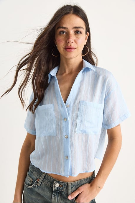 Gestreepte Geweven Crop Shirt met Pocket - Image 4
