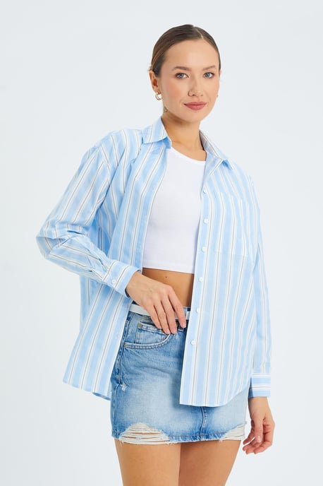 Loose Fit Striped Poplin Shirt with Button Closure - Image 2
