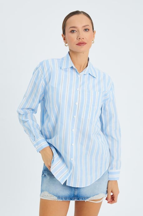 Loose Fit Striped Poplin Shirt with Button Closure - Image 3