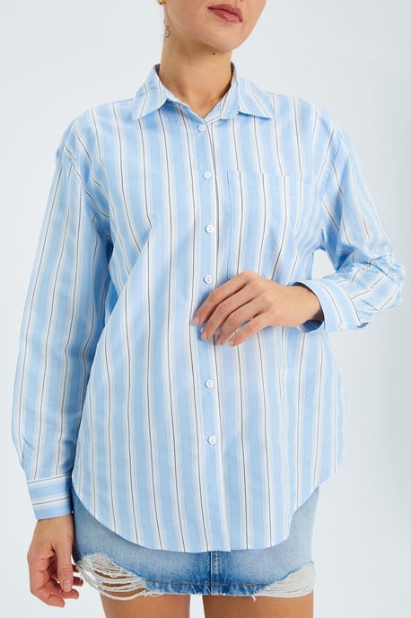 Loose Fit Striped Poplin Shirt with Button Closure - Image 4