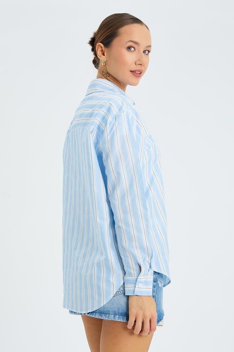 Loose Fit Striped Poplin Shirt with Button Closure - Image 5
