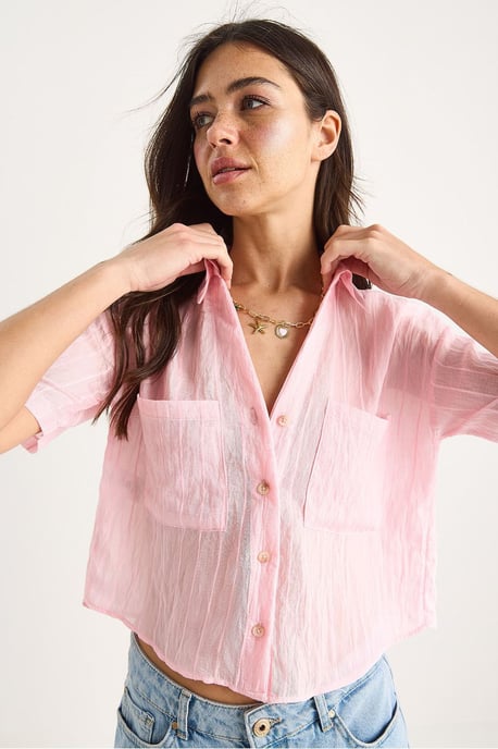 Gestreepte Geweven Crop Shirt met Pocket - Image 3