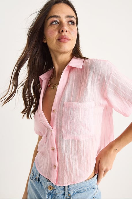 Gestreepte Geweven Crop Shirt met Pocket - Image 4