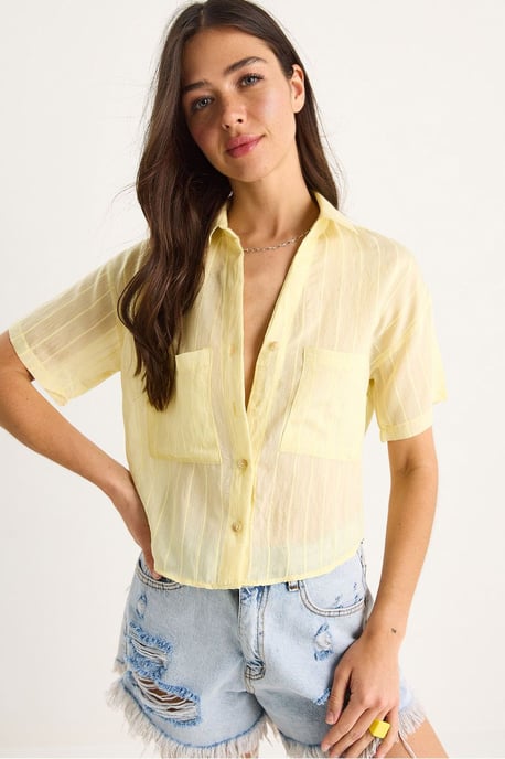 Gestreepte Cropped Shirt met Textuur en Zak - Image 1
