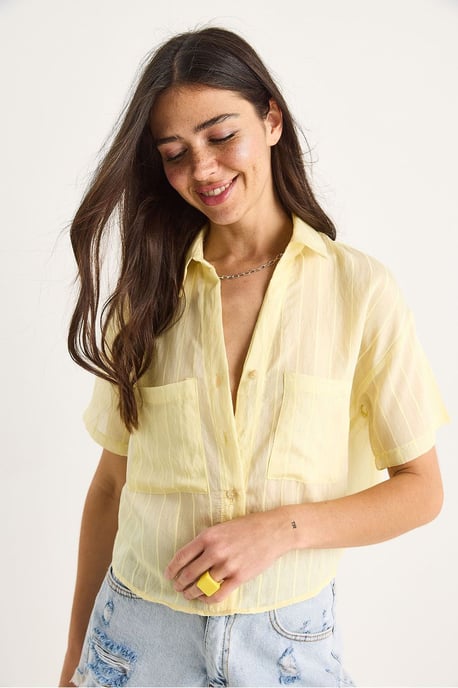 Gestreepte Cropped Shirt met Textuur en Zak - Image 2
