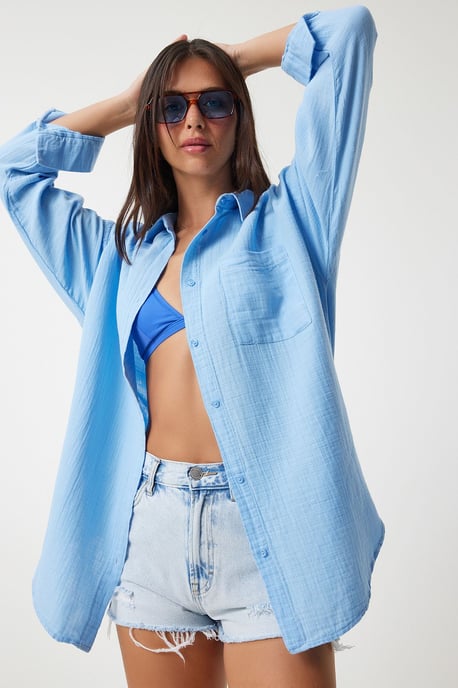Oversized Textuur Katoenen Shirt met Pocket - Image 1