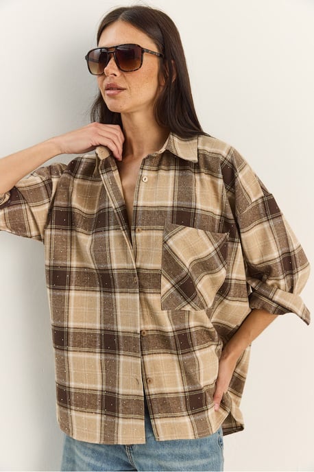 Oversized Langsleeve Geruite Shirt met Zak - Image 4