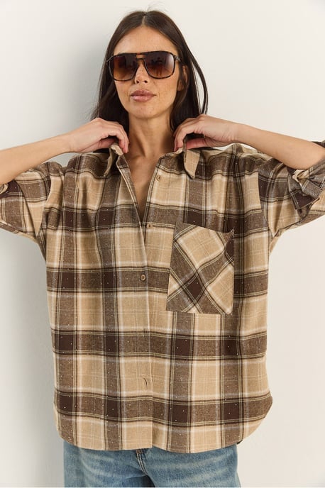 Oversized Langsleeve Geruite Shirt met Zak - Image 5