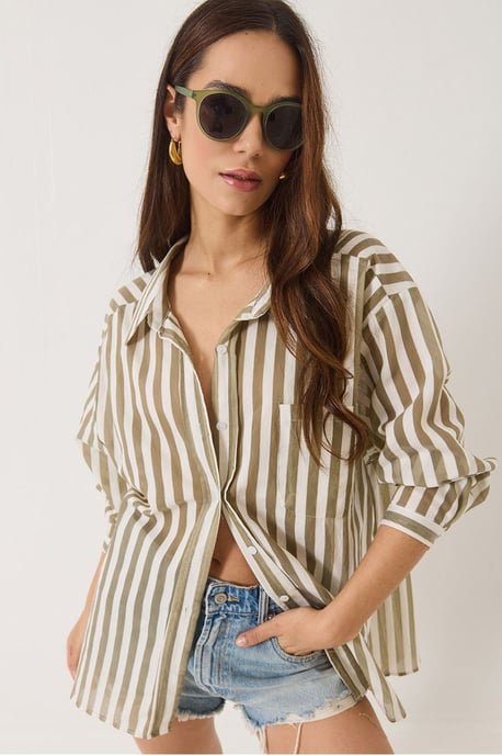 Oversized Gestreepte Poplin Shirt met Pocketdetail - Image 1