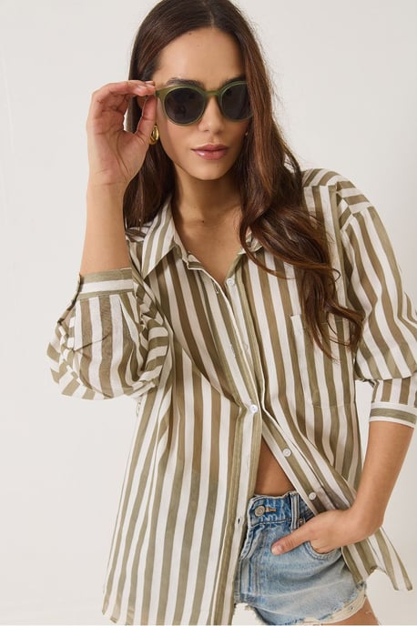 Oversized Gestreepte Poplin Shirt met Pocketdetail - Image 2