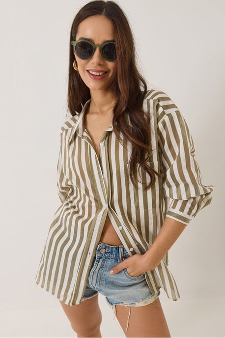 Oversized Gestreepte Poplin Shirt met Pocketdetail - Image 3