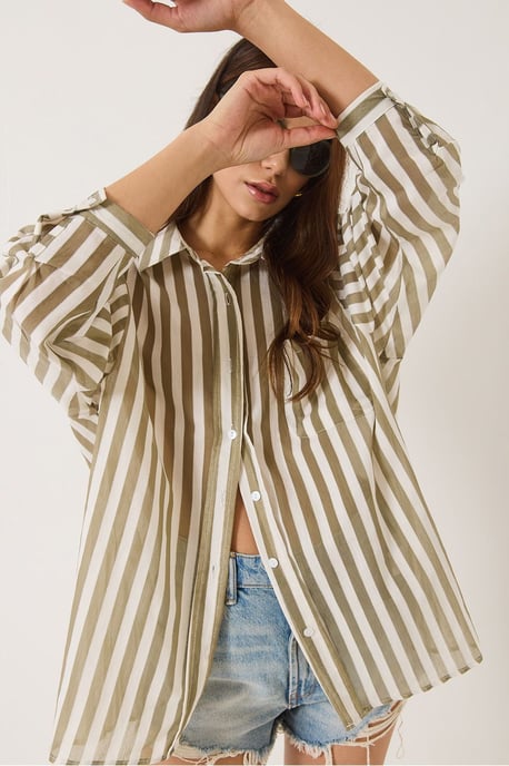 Oversized Gestreepte Poplin Shirt met Pocketdetail - Image 4