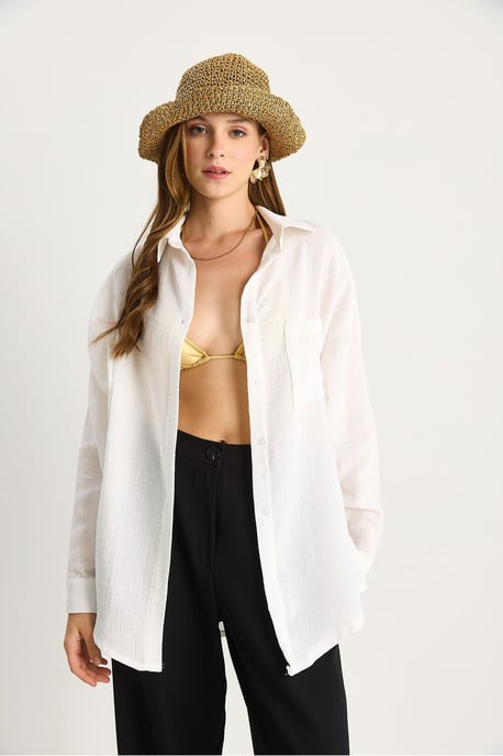 Texturerad Oversized Skjorta med Knapp och Fickor - Image 4