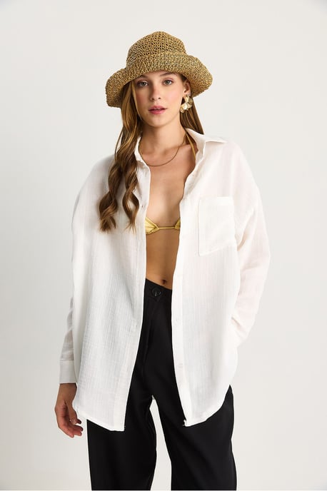 Texturerad Oversized Skjorta med Knapp och Fickor - Image 5