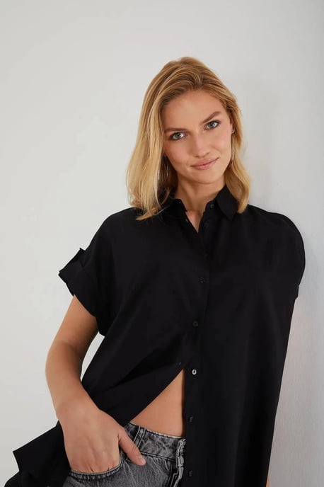 Oversized Korte Mouwen Poplin Overhemd met Knopen - Image 3